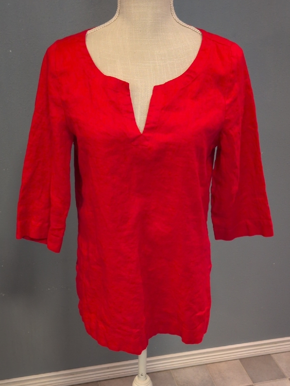 JJill LoveLinen Vneck Petite Largenlook Resortwear Nautical Patriotic Red Blouse